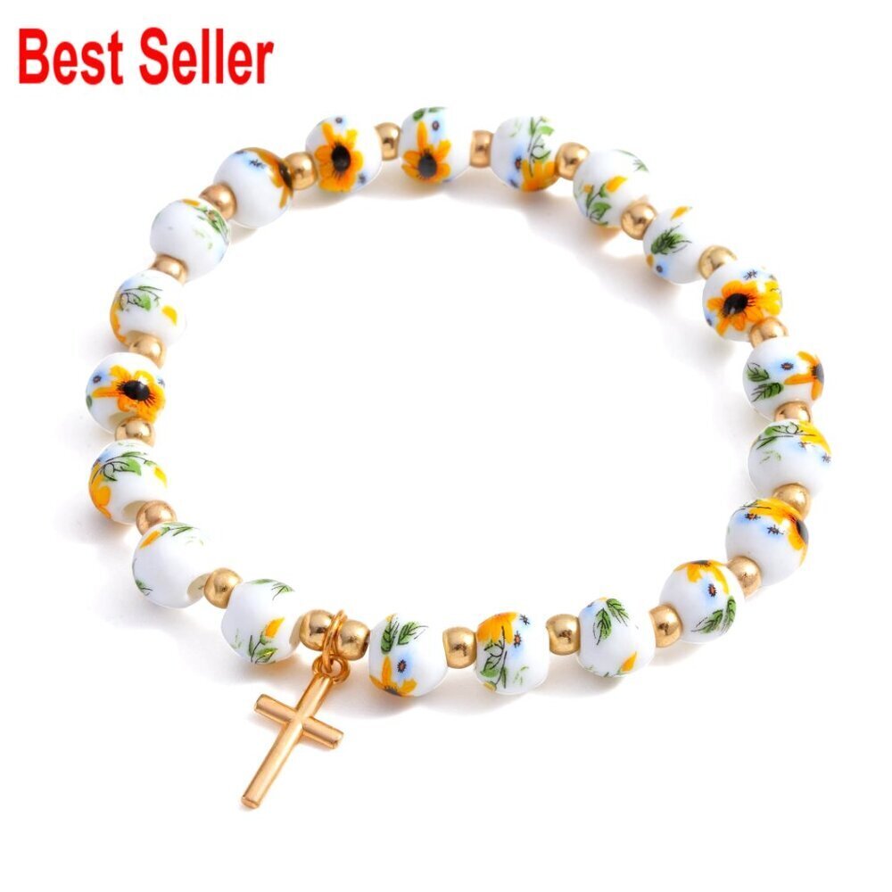 Stainless Steel Cross Charm Stretch Bracelet with Floral Beads